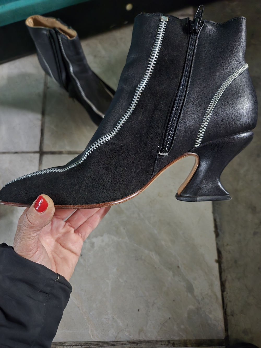 Women's Black Sculpted Heel Ankle Boots with Silver Zip Detail